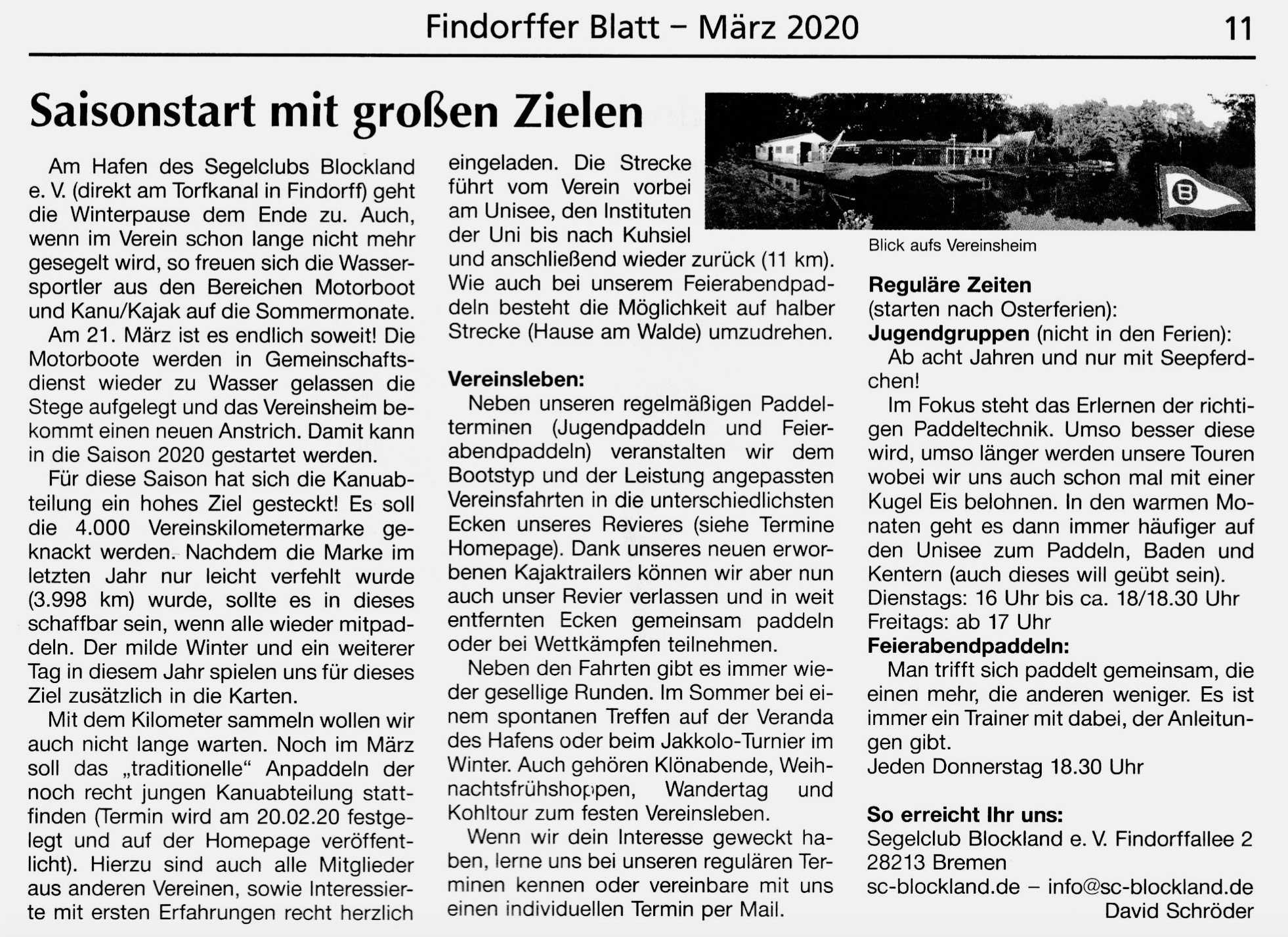 Zeitungsartikel im Findorffblatt über den SC Blockland