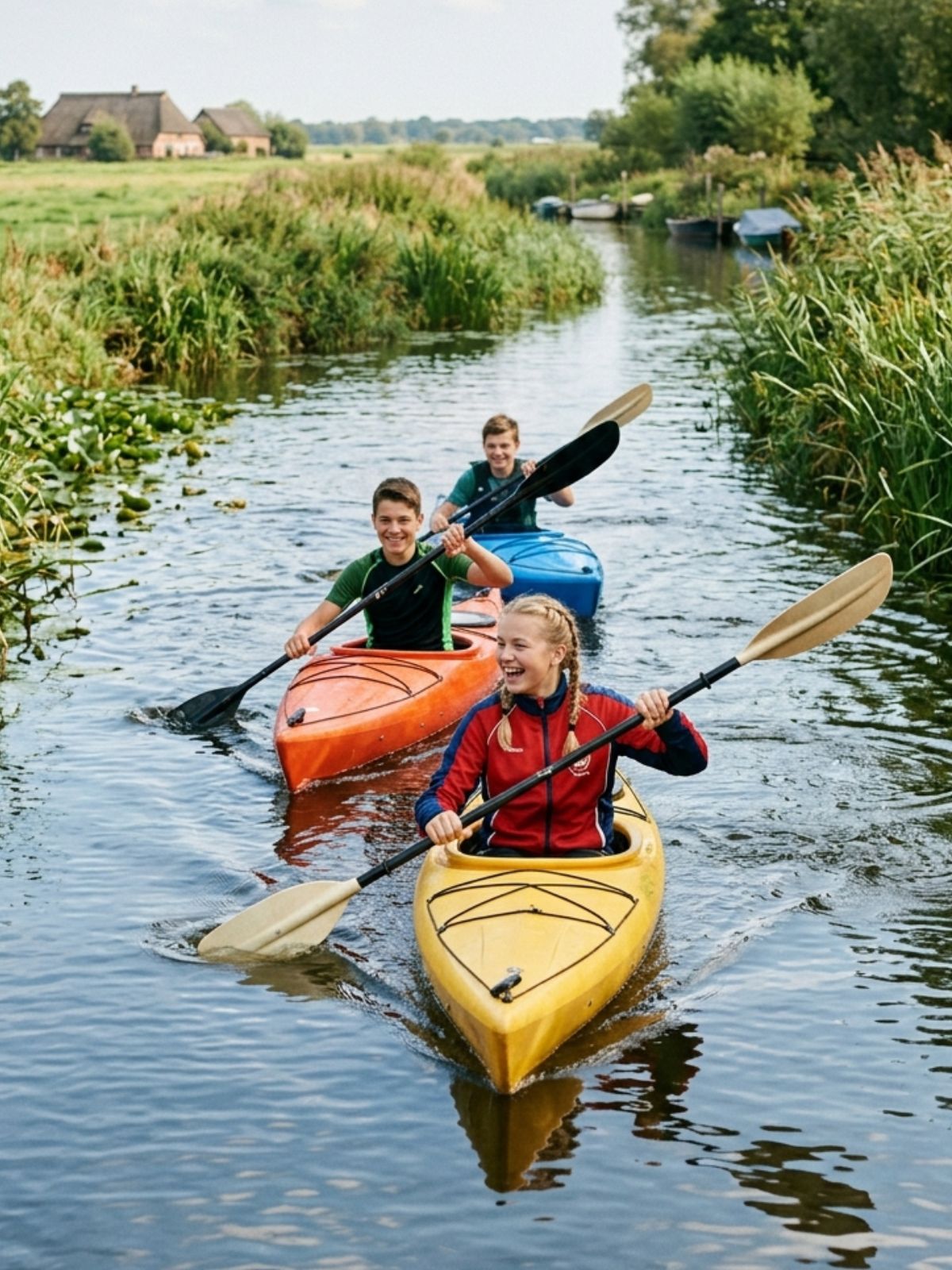 Jugendliche paddeln im Kajak auf dem Torfkanal